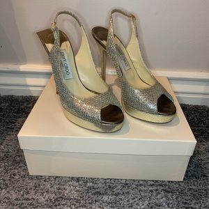 Jimmy Choo Metallic Gold Peep Toe Sandal Heels